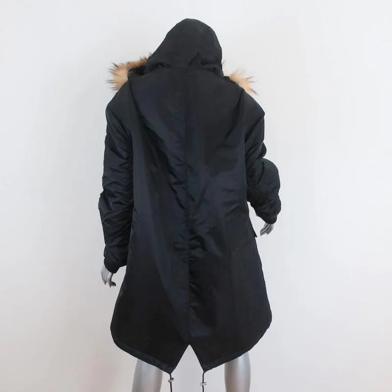 The Kooples Oversized Hooded Parka Black Size 2 Faux Fur-Trim Coat NEW