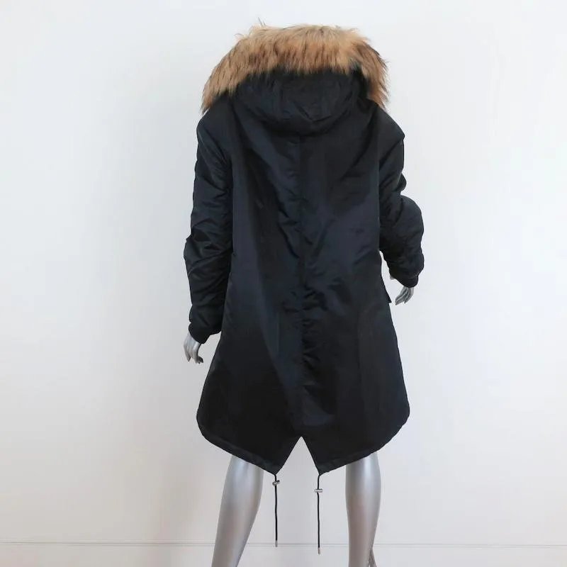 The Kooples Oversized Hooded Parka Black Size 2 Faux Fur-Trim Coat NEW