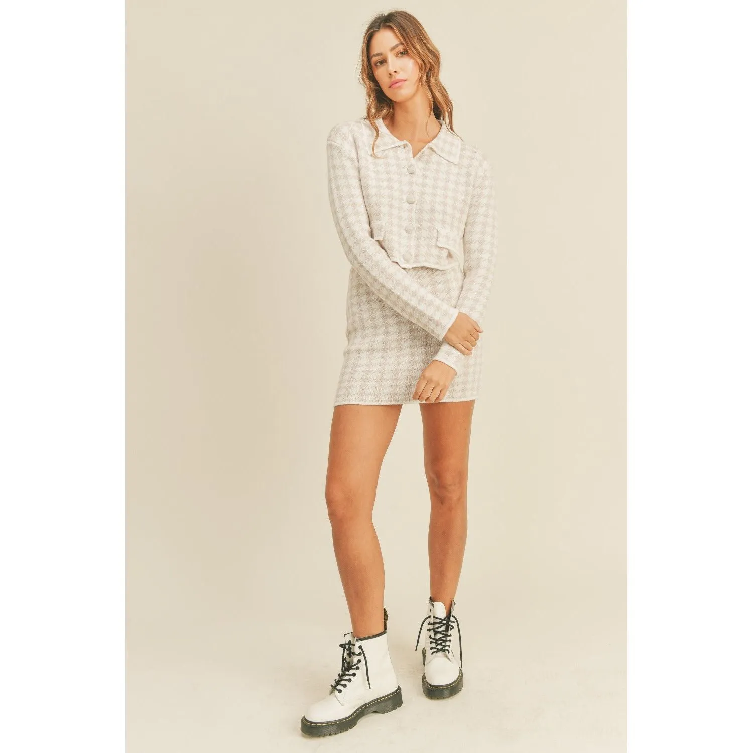 The Maggy Houndstooth Knit Cropped Cardigan and Mini Skirt Set