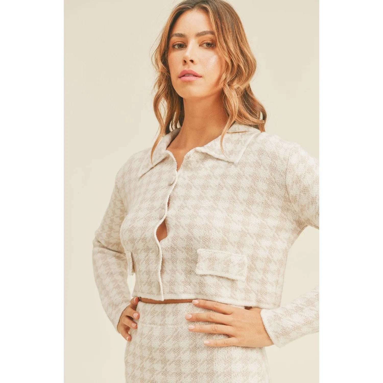 The Maggy Houndstooth Knit Cropped Cardigan and Mini Skirt Set