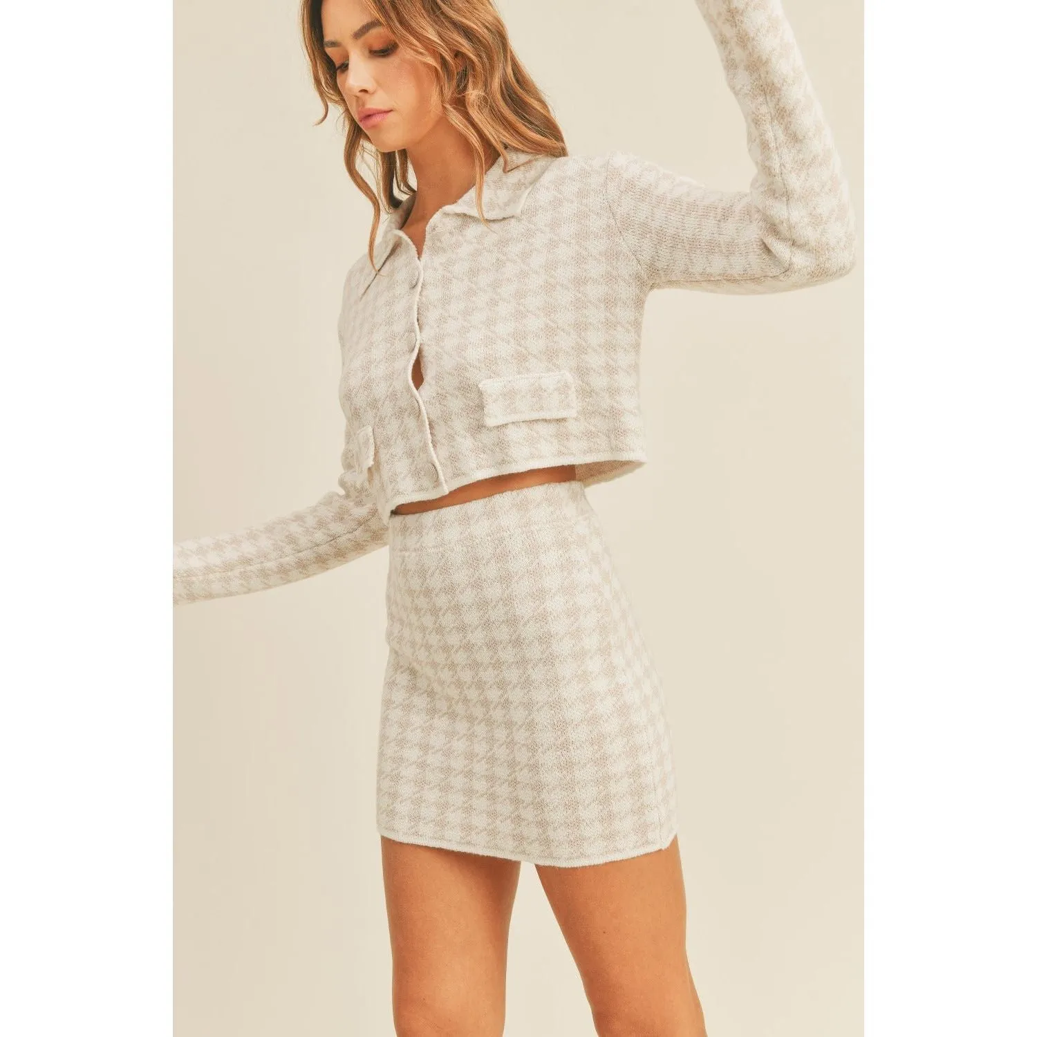 The Maggy Houndstooth Knit Cropped Cardigan and Mini Skirt Set