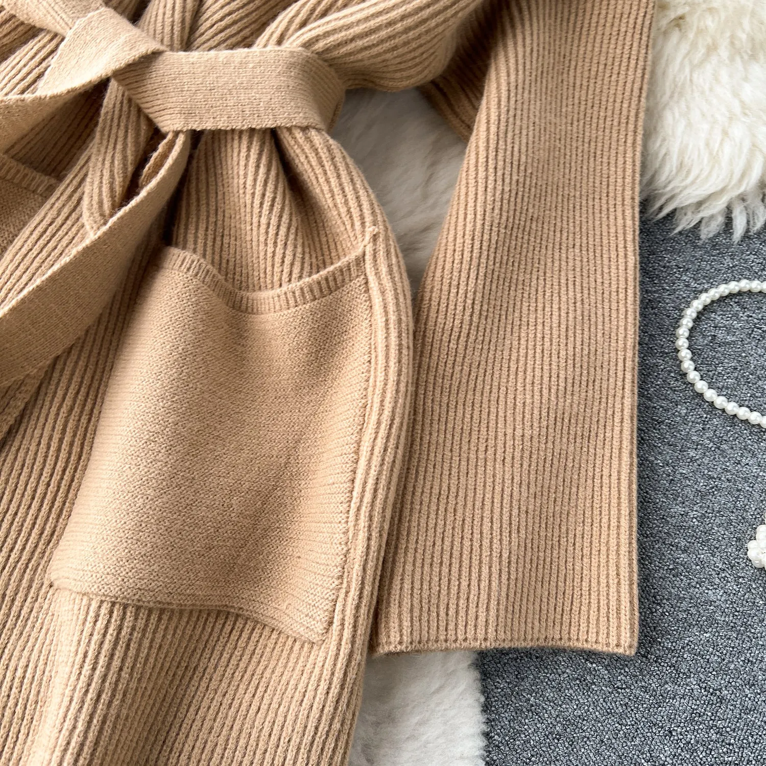 Thermal Solid Color Lace-up Cardigan