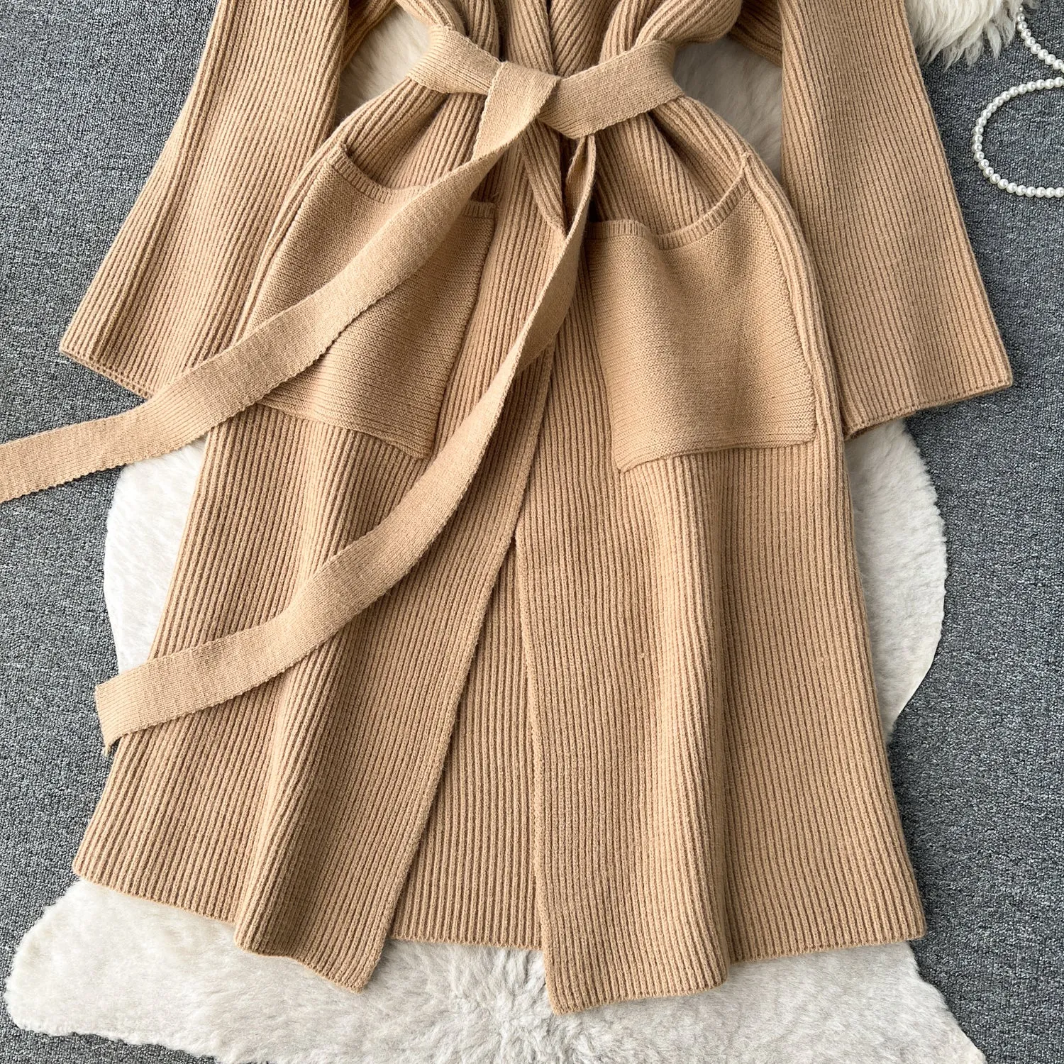 Thermal Solid Color Lace-up Cardigan