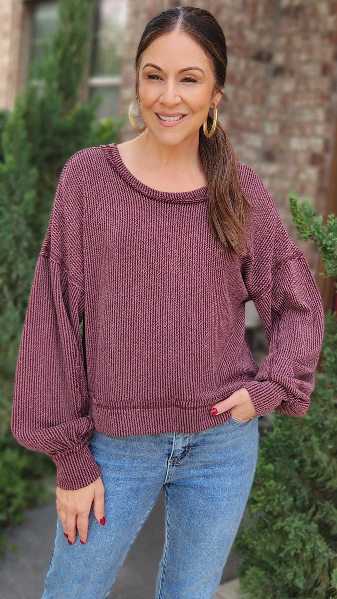 Two-Tone Double-Knit Top-Maroon