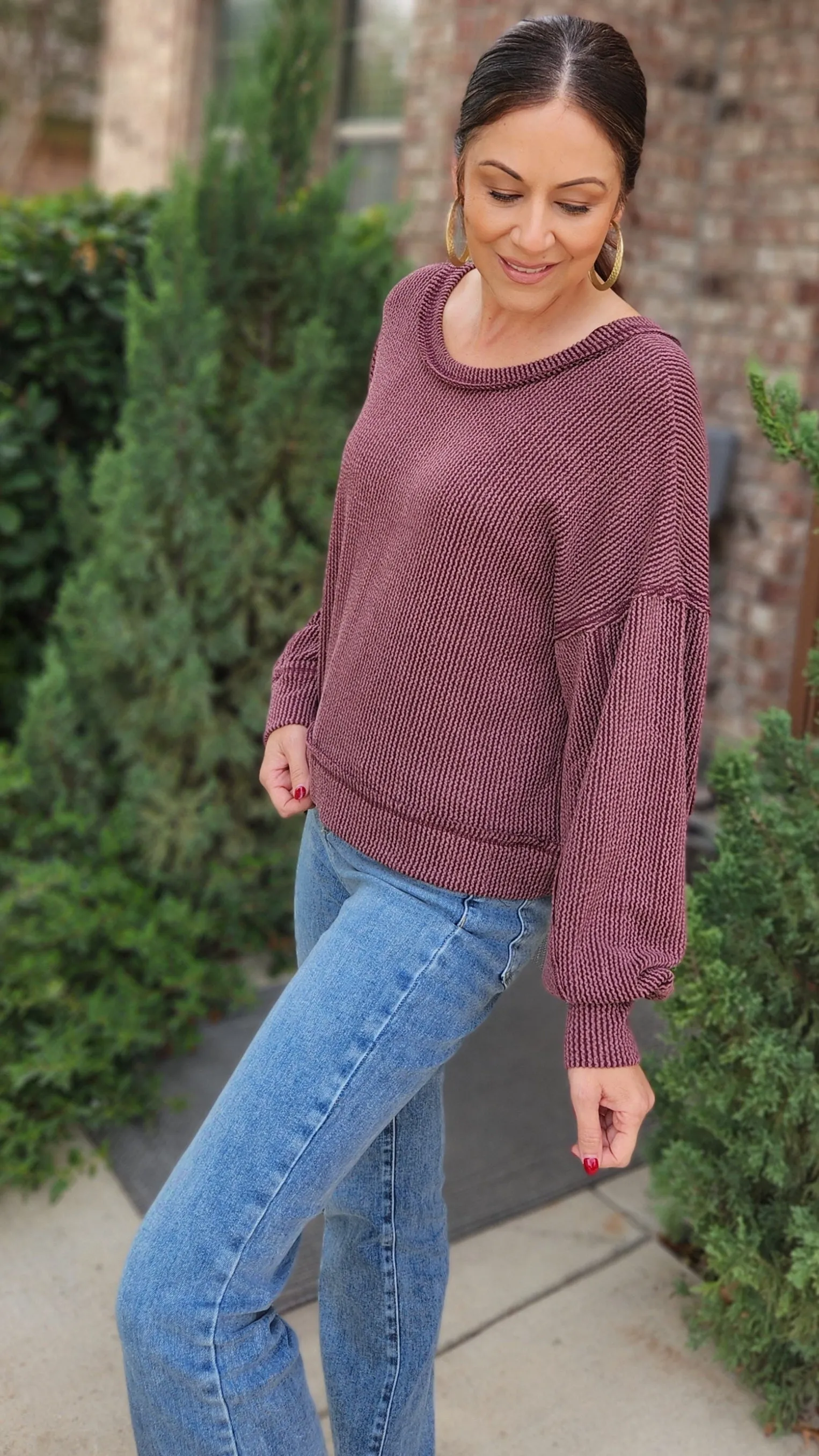 Two-Tone Double-Knit Top-Maroon