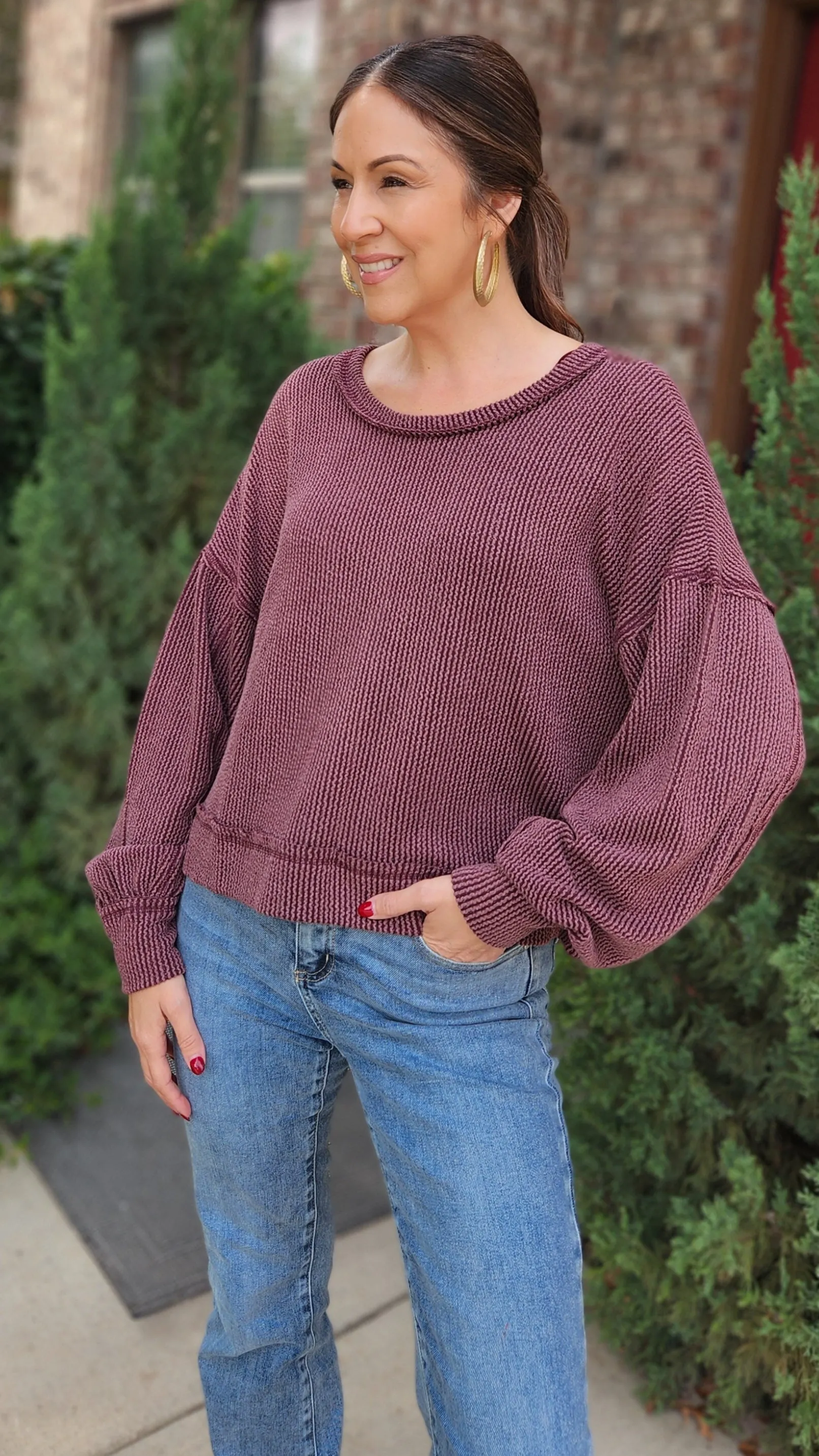 Two-Tone Double-Knit Top-Maroon