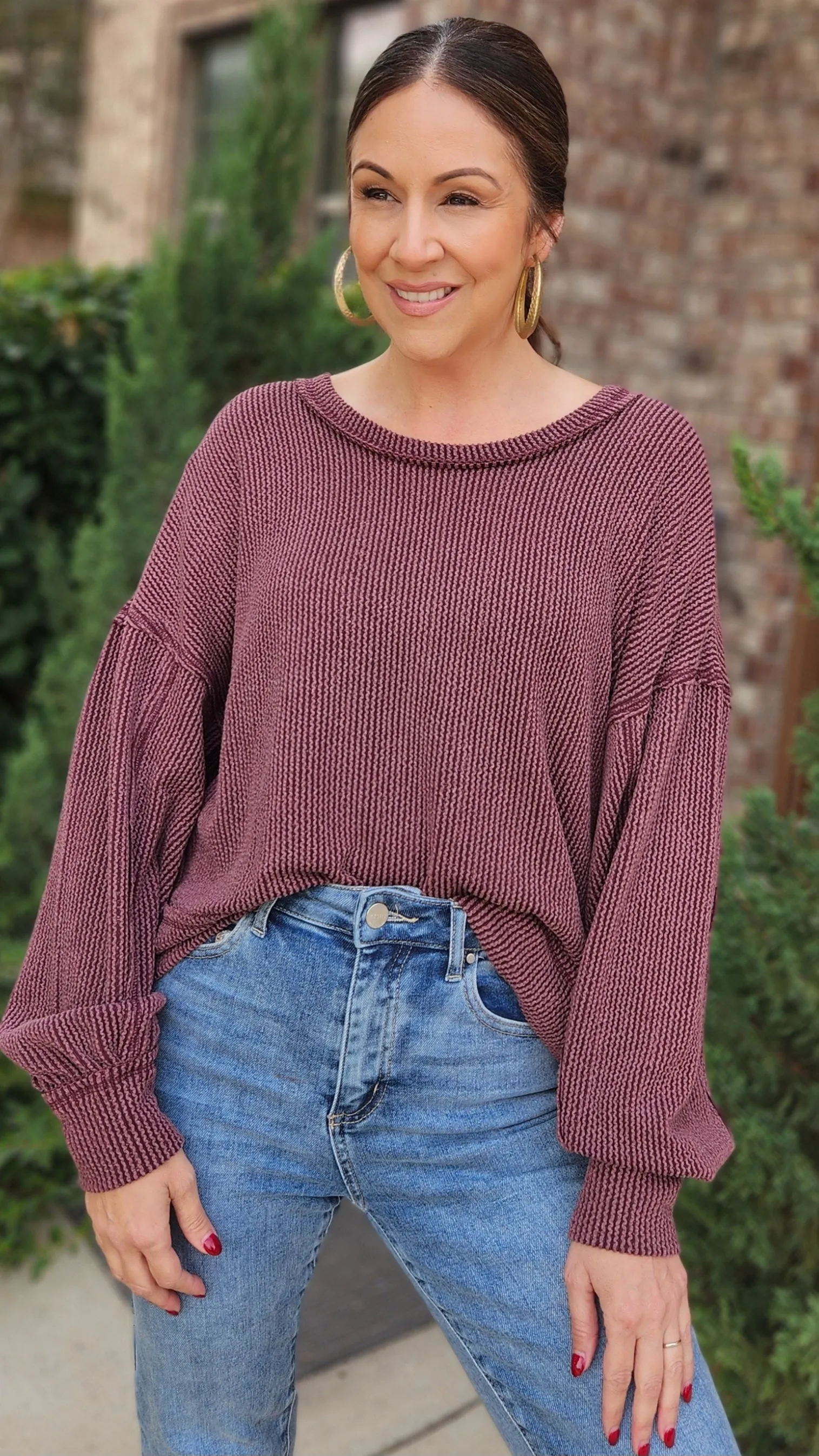Two-Tone Double-Knit Top-Maroon