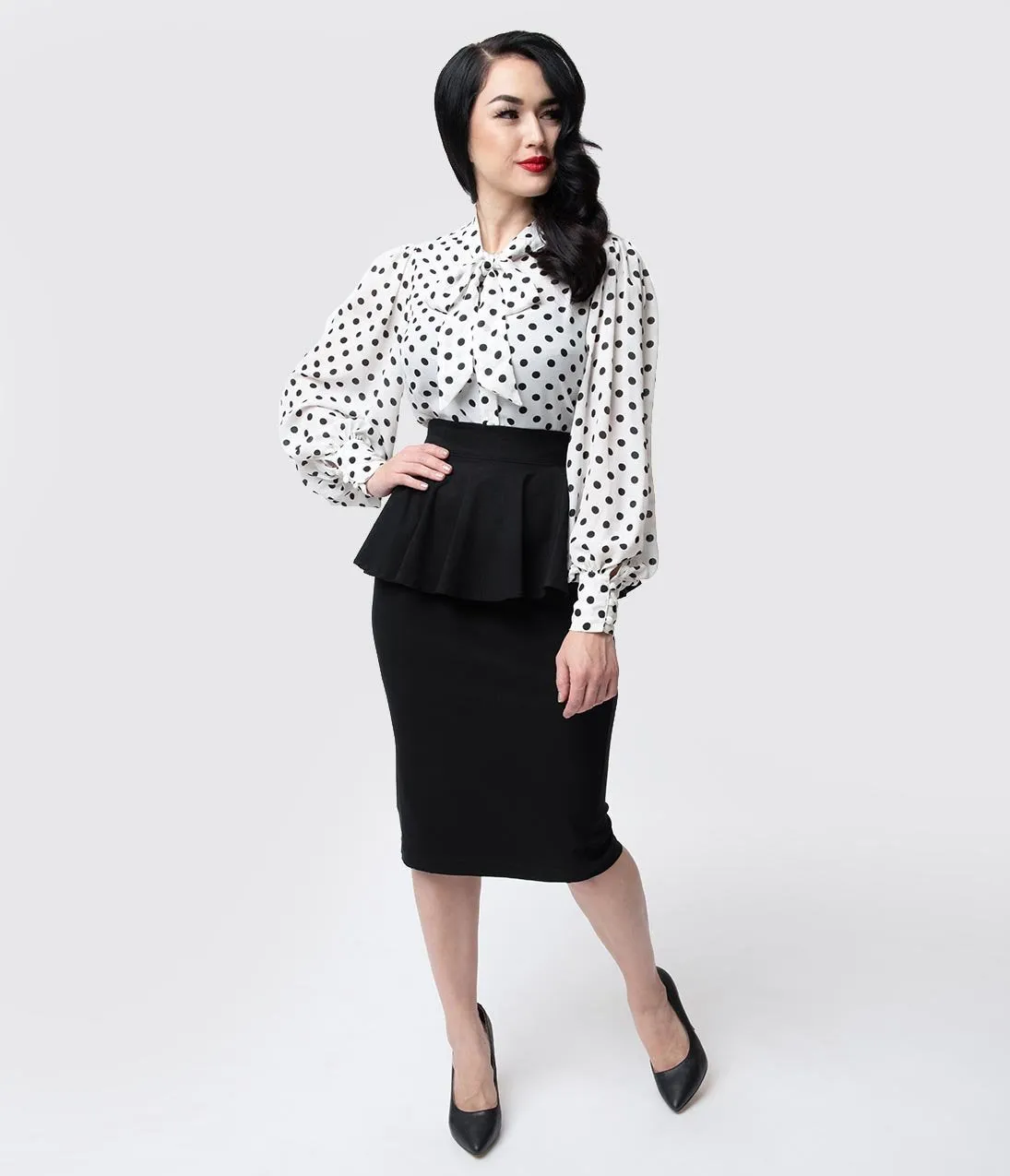 Unique Vintage 1940s Black Stretch Peplum Boulevard Pencil Skirt