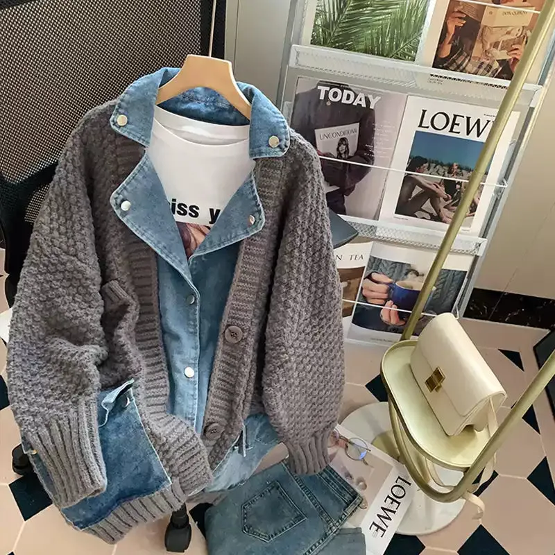 Vintage Denim Patchwork Lapeled Cardigan