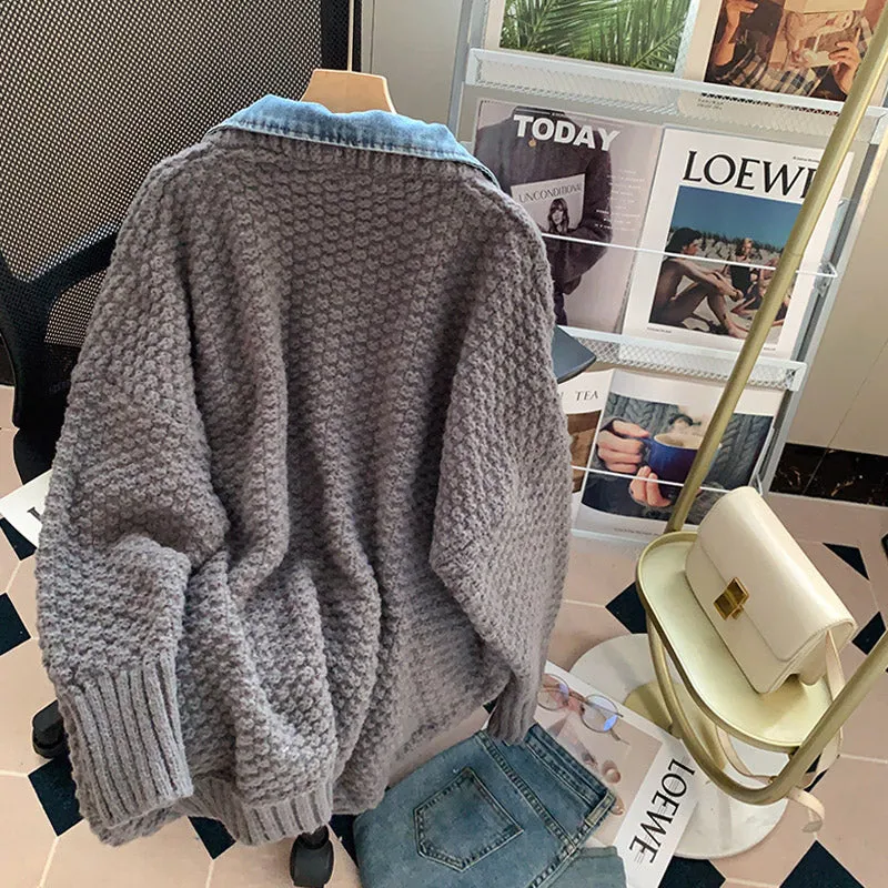Vintage Denim Patchwork Lapeled Cardigan