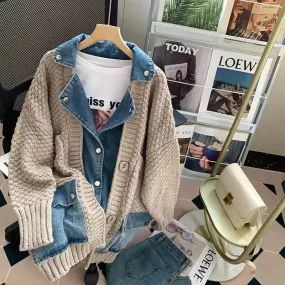 Vintage Denim Patchwork Lapeled Cardigan