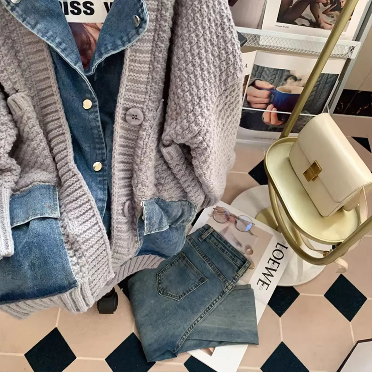 Vintage Denim Patchwork Lapeled Cardigan