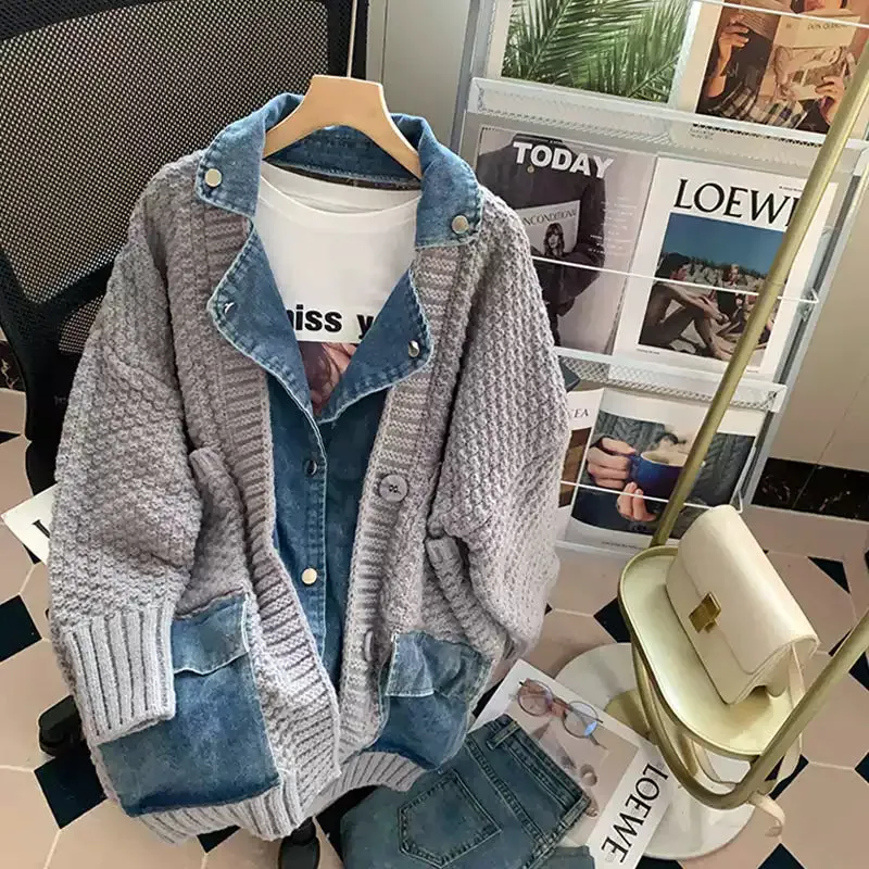 Vintage Denim Patchwork Lapeled Cardigan