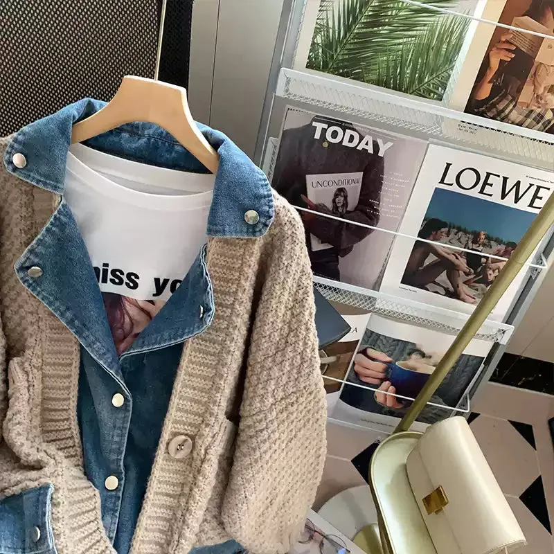 Vintage Denim Patchwork Lapeled Cardigan