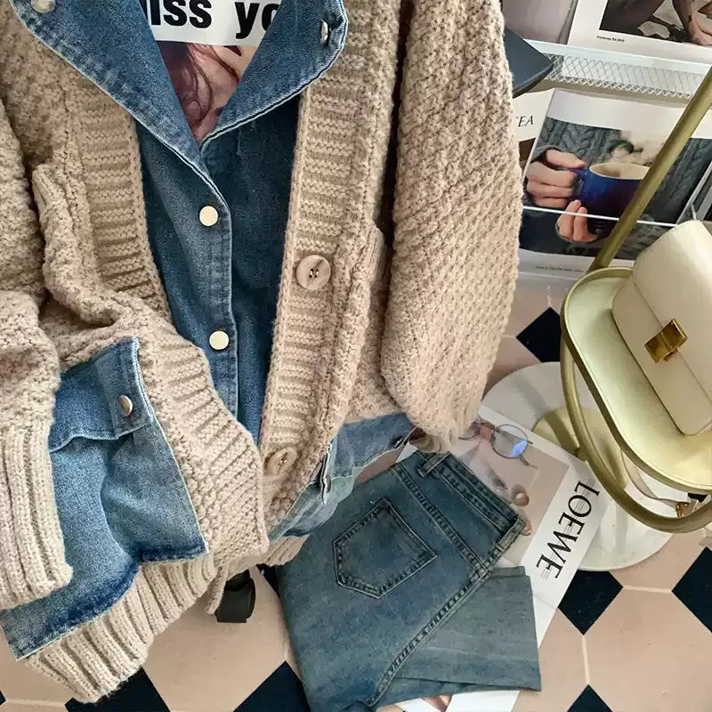 Vintage Denim Patchwork Lapeled Cardigan