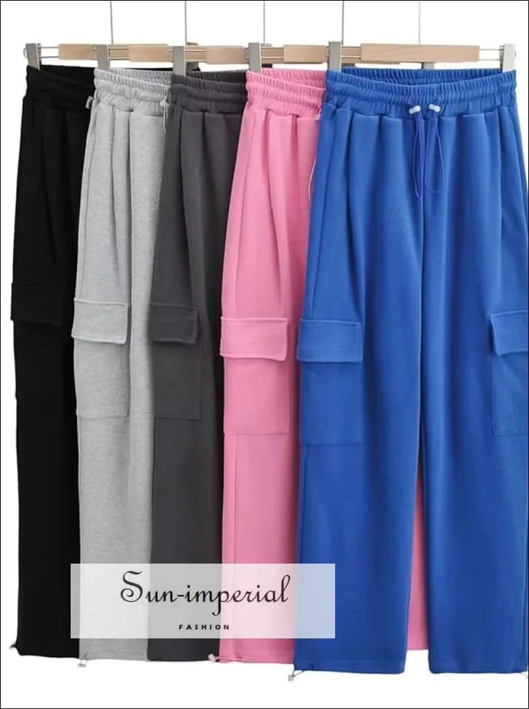 Women Solid Cotton Cargo Jogger Sweatpants With Drawstring Cuff Detail