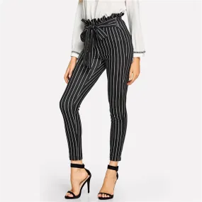 Women's High Waist Striped Pants With Belt