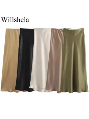 Women's Satin Pleated Midi Skirt