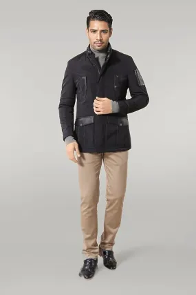 WSS Leather Modeled Navy Blue Slim Fit Quilted Jacket  - Singen