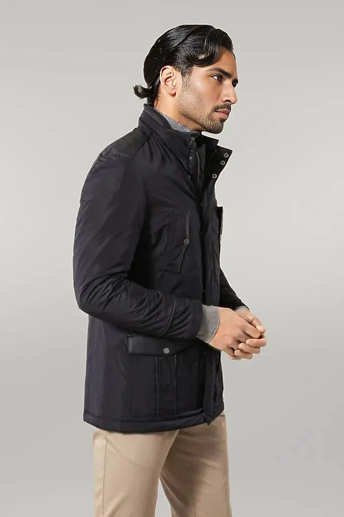 WSS Leather Modeled Navy Blue Slim Fit Quilted Jacket  - Singen