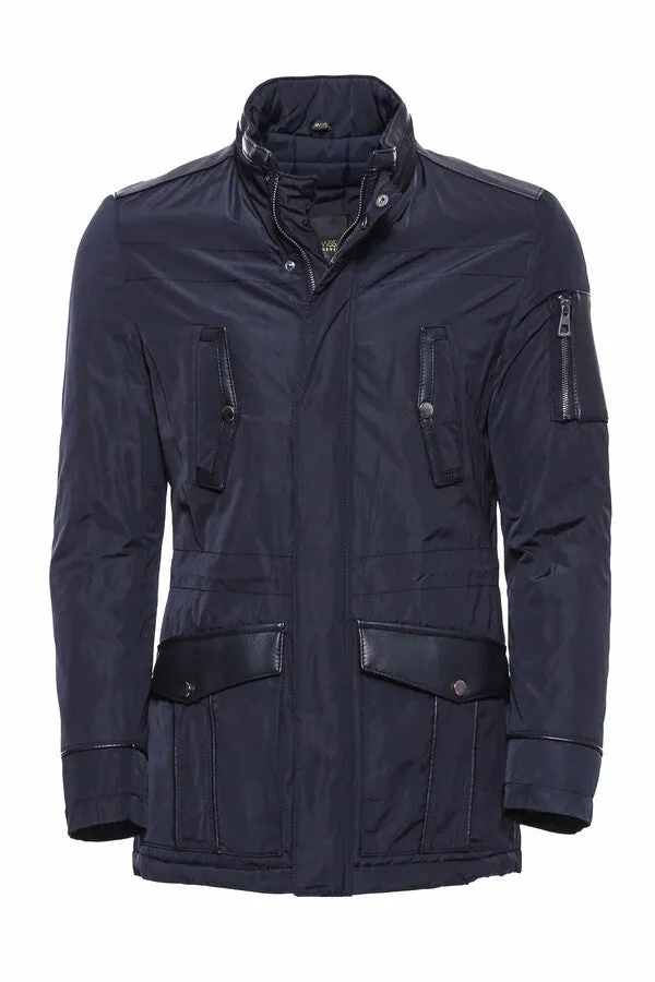 WSS Leather Modeled Navy Blue Slim Fit Quilted Jacket  - Singen