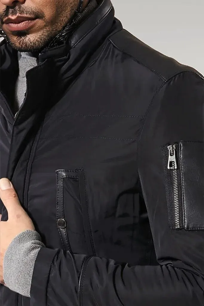 WSS Leather Modeled Navy Blue Slim Fit Quilted Jacket  - Singen